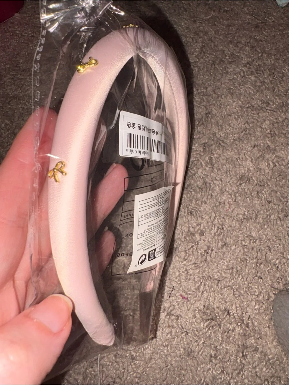 Pink Padded Headband with Gold Bow Accents